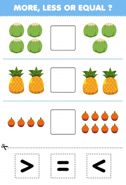 Educatief spel voor kinderen min of meer gelijk tel de hoeveelheid cartoonvruchten kokosnoot ananas drakenfruit en knip en lijm het juiste teken