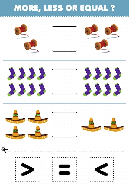 Educatief spel voor kinderen min of meer tellen de hoeveelheid cartoon draagbare kleding sombrero hoed sokken garen dan knippen en lijm het juiste teken knippen
