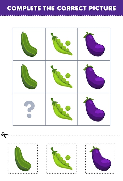 Educatief spel voor kinderen om de juiste afbeelding van een schattig cartoon-komkommer-erwt- of aubergine-afdrukbaar groente-werkblad te kiezen en te voltooien