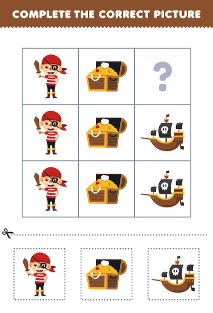 Educatief spel voor kinderen om de juiste afbeelding van een schattig cartoon piratenschip of een afdrukbaar halloween-werkblad met een schatkist te kiezen en te voltooien