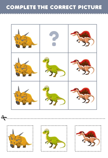 Educatief spel voor kinderen om de juiste afbeelding van een schattig cartoon xenoceratops of spinosaurus afdrukbaar dinosaurus-werkblad te kiezen en te voltooien