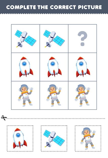 Educatief spel voor kinderen om de juiste afbeelding van een schattige cartoon-astronautraket of een afdrukbaar beroep op een satelliet te kiezen en te voltooien