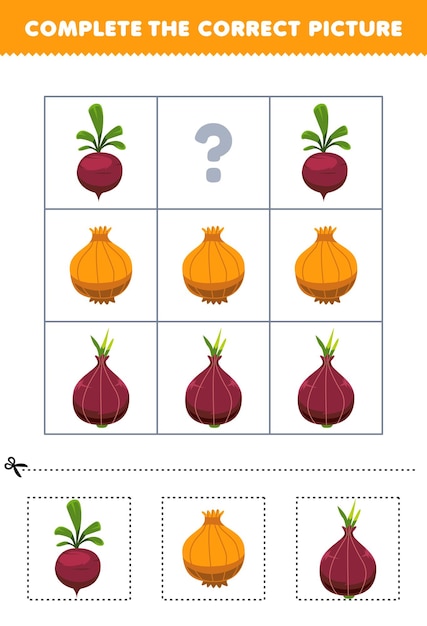 Educatief spel voor kinderen om de juiste afbeelding van een schattige cartoon raapui of sjalot printbaar groente-werkblad te kiezen en te voltooien