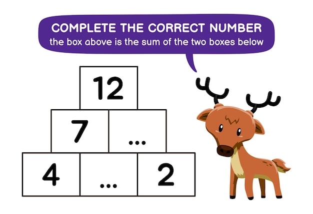 Vector educatief spel voor kinderen om herten te helpen het juiste aantal te voltooien drukbaar werkblad voor dieren