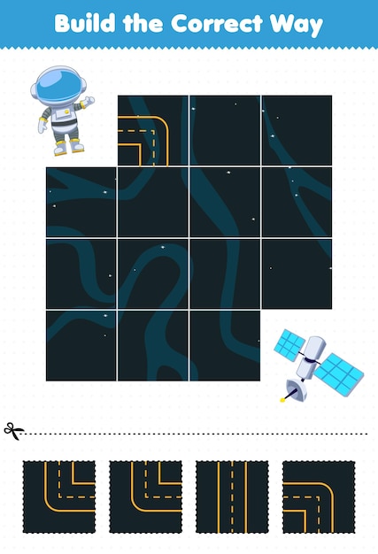 Educatief spel voor kinderen om op de juiste manier te bouwen, help een schattige cartoon-astronaut van het zonnestelsel naar de satelliet te gaan