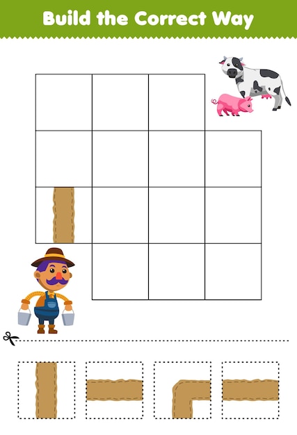 Educatief spel voor kinderen om op de juiste manier te bouwen, help een schattige cartoonboer die een emmer draagt om naar een afdrukbaar boerderijwerkblad voor varkens en koeien te gaan