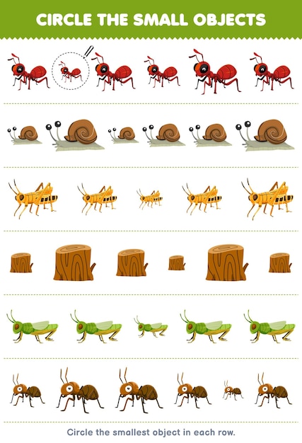 Educatief spel voor kinderen omcirkel het kleinste object in elke rij van schattige cartoon mier slak sprinkhaan hout log afdrukbare bug werkblad