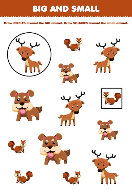 Educatief spel voor kinderen rangschikken op maat groot of klein door een cirkel en vierkant te tekenen van een schattig cartoon bruin dier herten hond chipmunk afdrukbaar werkblad