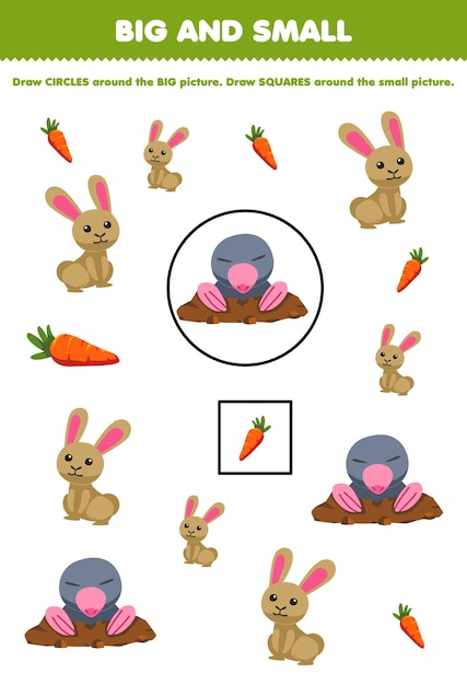 Educatief spel voor kinderen rangschikken op maat groot of klein door een cirkel en vierkant te tekenen van schattige cartoon konijn wortel mol afdrukbaar boerderij werkblad