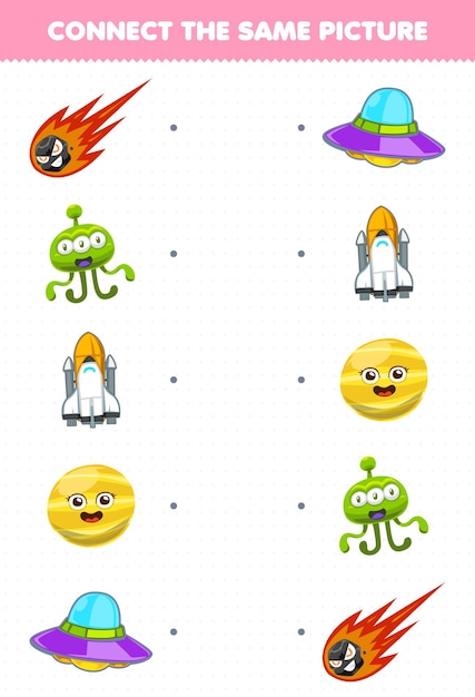Educatief spel voor kinderen sluit dezelfde foto aan van een schattige cartoon zonnestelsel komeet buitenaards ruimteschip Venus planeet ufo afdrukbaar werkblad