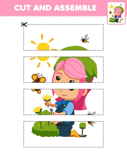 Educatief spel voor kinderen snijden oefenen en puzzel samenstellen met schattige cartoonbloemist die bloemen plukt naast vlinder- en bijenboerderij afdrukbaar werkblad