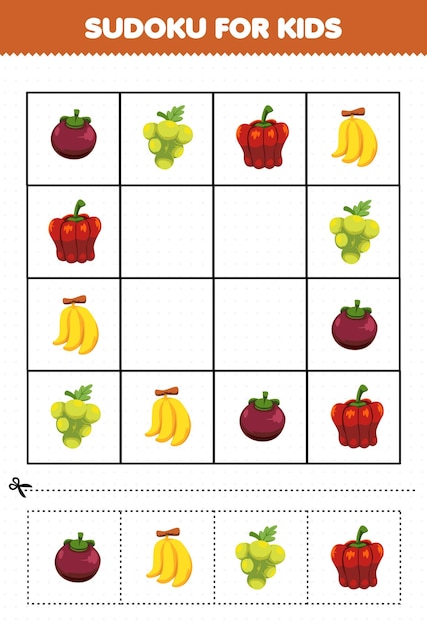 Educatief spel voor kinderen sudoku voor kinderen met cartoon groenten en fruit mangosteen druif paprika banaan foto