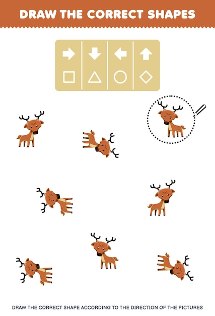 Educatief spel voor kinderen teken de juiste vorm volgens de richting van het afdrukbare dierenwerkblad met schattige cartoonherten