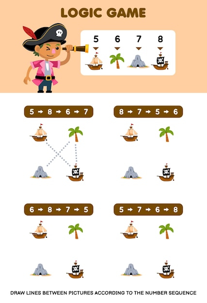 Educatief spel voor kinderen teken lijnen volgens de nummerreeksen van het afdrukbare piratenwerkblad met cartoonschipboomgrotten