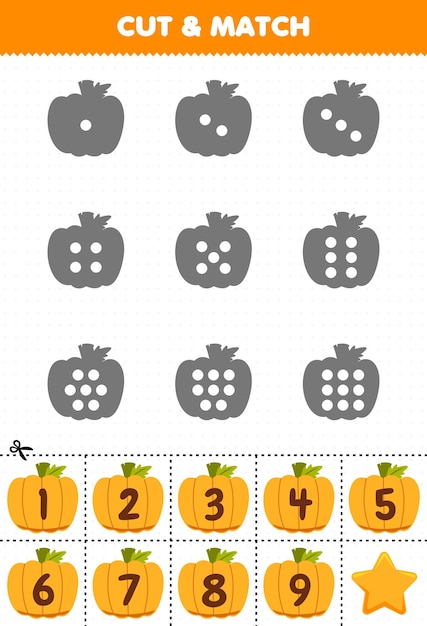 Educatief spel voor kinderen tel de stippen op elk silhouet en match ze met het juiste genummerde oranje pompoen halloween afdrukbare werkblad