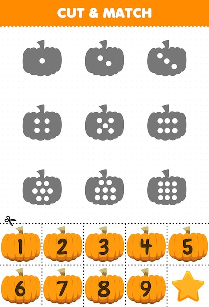 Educatief spel voor kinderen tel de stippen op elk silhouet en match ze met het juiste genummerde oranje pompoengroenten afdrukbaar werkblad