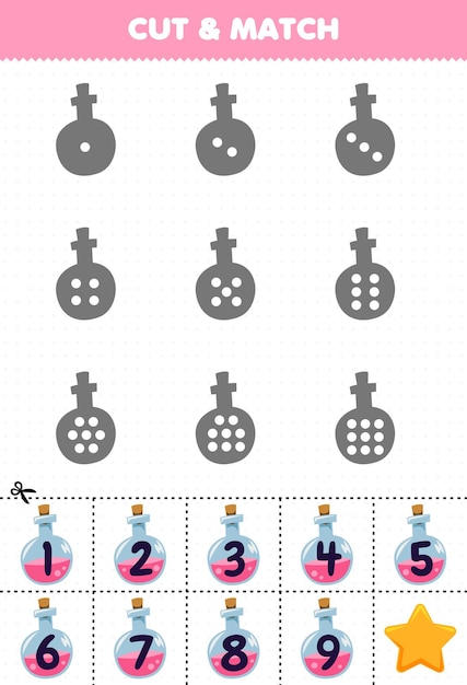 Educatief spel voor kinderen tel de stippen op elk silhouet en match ze met het juiste genummerde roze drankje fles halloween afdrukbaar werkblad