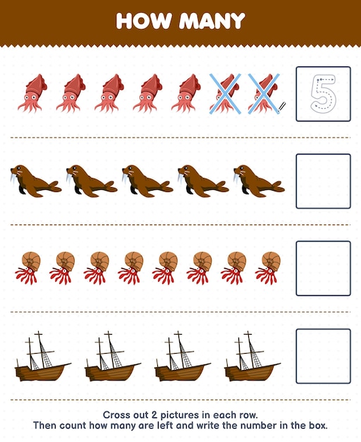 Educatief spel voor kinderen, tel hoeveel schattige tekenfilminktvissen, walrussen schip hebben vernield en schrijf het nummer in het vak afdrukbaar onderwaterwerkblad