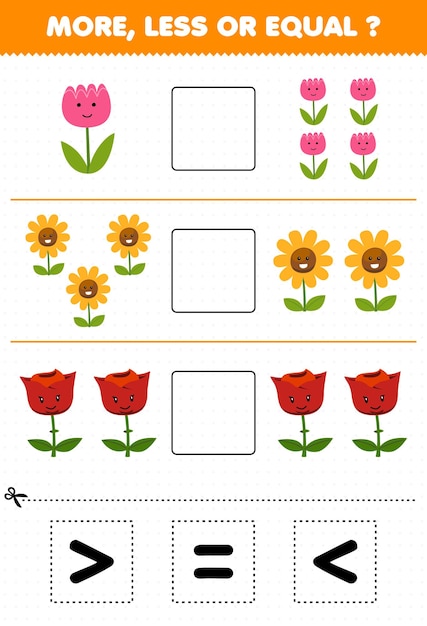 Educatief spel voor kinderen, tel meer, minder of gelijk aan cartoonbloem en knip en plak vervolgens het juiste teken-natuur-werkblad