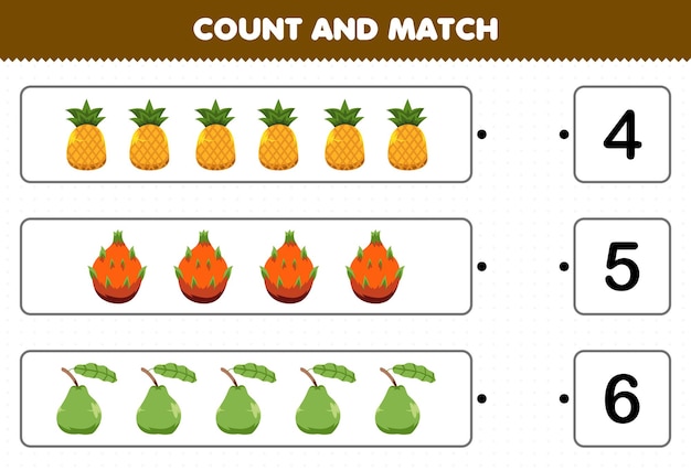 Educatief spel voor kinderen tellen en matchen tel het aantal cartoonvruchten ananas drakenfruit guave en match met de juiste nummers afdrukbaar werkblad