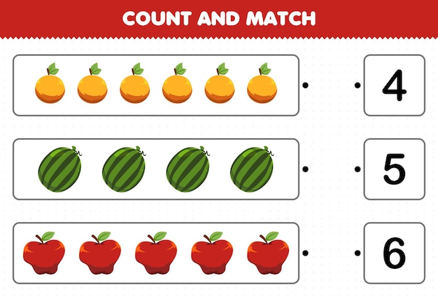 Educatief spel voor kinderen tellen en matchen tel het aantal cartoonvruchten oranje watermeloen appel en match met de juiste nummers afdrukbaar werkblad