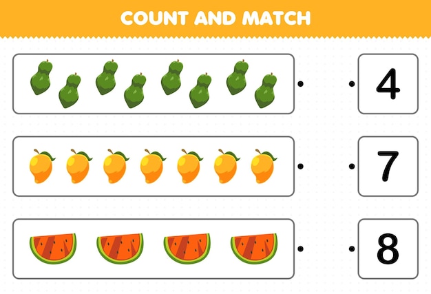 Educatief spel voor kinderen tellen en matchen tel het aantal cartoonvruchten papaya mango watermeloen en match met de juiste nummers afdrukbaar werkblad