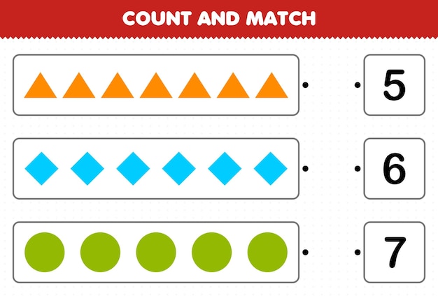 Educatief spel voor kinderen tellen en matchen tel het aantal geometrische vorm driehoek ruit cirkel en match met de juiste nummers afdrukbaar werkblad