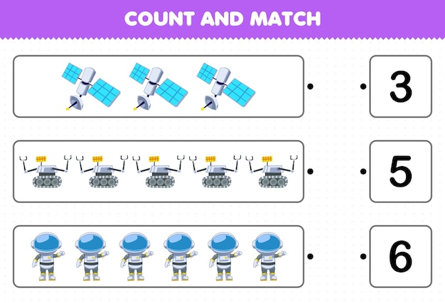 Educatief spel voor kinderen tellen en matchen tel het aantal schattige cartoon-satellietrobotastronauten van het zonnestelsel en match met de juiste nummers afdrukbaar werkblad