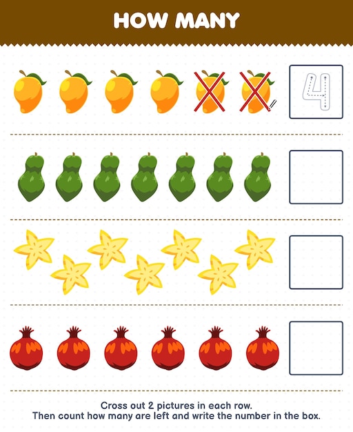 Educatief spel voor kinderen tellen hoeveel cartoon mango papaya ster fruit granaatappel en schrijf het nummer in de doos afdrukbaar fruit werkblad