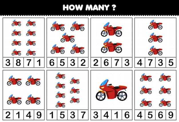 Educatief spel voor kinderen tellen hoeveel objecten in elke tabel van cartoon motor transport voertuig afdrukbaar werkblad