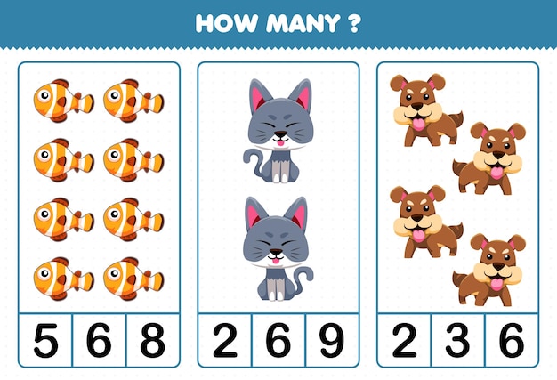 Educatief spel voor kinderen tellen hoeveel schattige cartoon huisdier dier vis kat hond