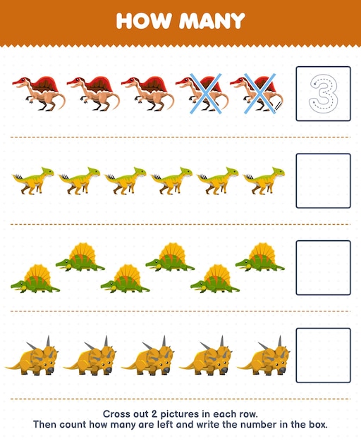 Educatief spel voor kinderen tellen hoeveel schattige cartoon spinnosaurus leptoceratops dimetrodon xenoceratops en schrijf het nummer in de doos afdrukbaar prehistorisch dinosaurus werkblad