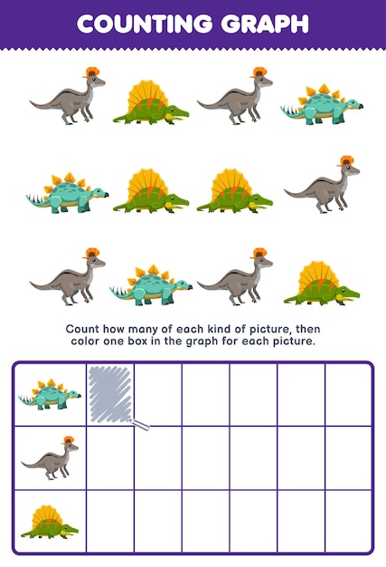 Educatief spel voor kinderen telt hoeveel schattige cartoon stegosaurus dimetrodon lambeosarus en kleurt vervolgens de doos in de grafiek afdrukbare prehistorische dinosaurus werkblad