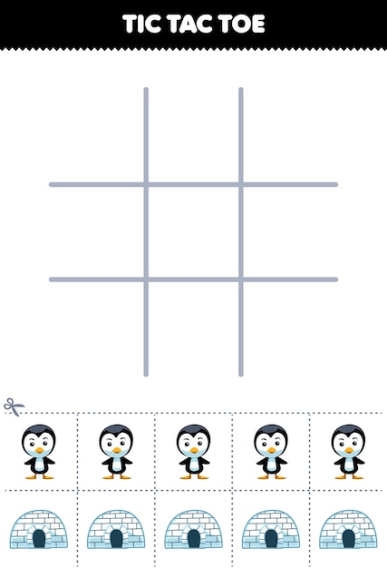 Educatief spel voor kinderen Tic Tac Toe set met schattige cartoon pinguïn en iglo foto afdrukbaar winterwerkblad