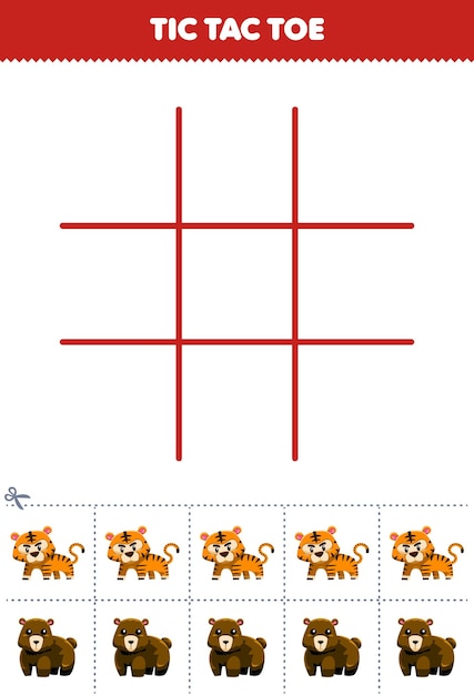 Educatief spel voor kinderen tic tac toe set met schattige cartoon tijger en beer afbeelding printbaar dierenwerkblad