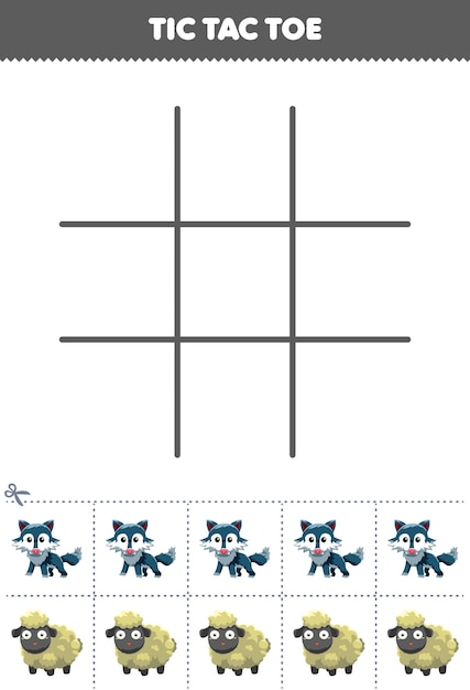 Educatief spel voor kinderen tic tac toe set met schattige cartoon wolf en schapen afdrukbaar dierenwerkblad