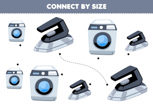 Educatief spel voor kinderen verbinden door de grootte van een schattige cartoon-wasmachine en een werkblad met een strijkbaar gereedschap