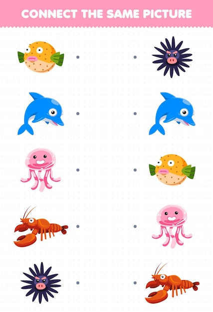 Educatief spel voor kinderen verbindt dezelfde afbeelding van tekenfilmvissen, dolfijnen, kwallen, kreeft, egel, afdrukbaar onderwaterwerkblad