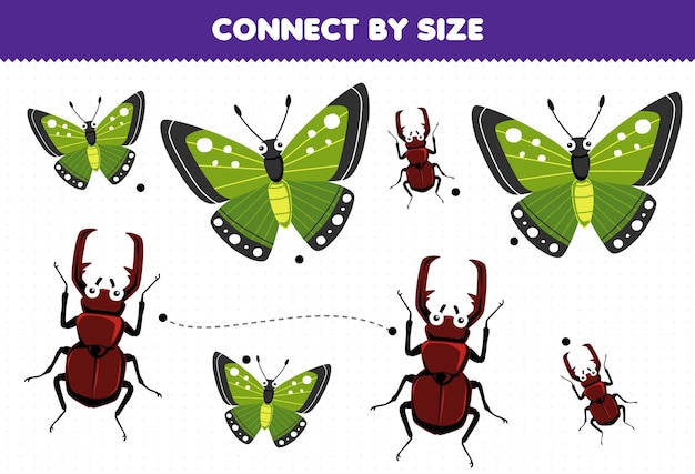 Educatief spel voor kinderen verbindt door de grootte van een schattige cartoon vlinder en kever afdrukbare bug werkblad