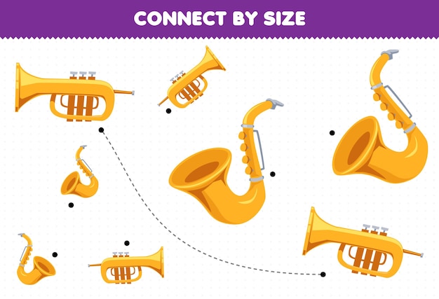 Educatief spel voor kinderen verbindt door de grootte van een tekenfilmmuziekinstrument trompet en saxofoon afdrukbaar werkblad