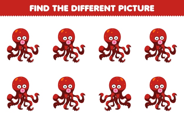 Educatief spel voor kinderen vind de andere afbeelding van een schattig cartoonoctopus afdrukbaar onderwaterwerkblad