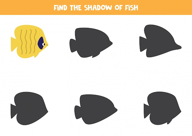 Educatief spel voor kinderen. Vind de juiste schaduw van gele vissen.