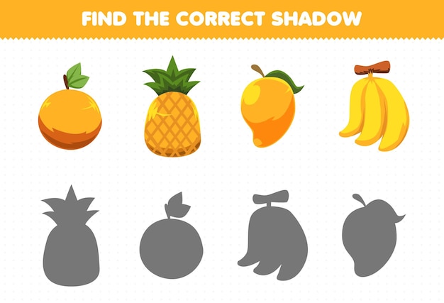 Educatief spel voor kinderen vind de juiste schaduwset van cartoon geel fruit oranje ananas mango banaan