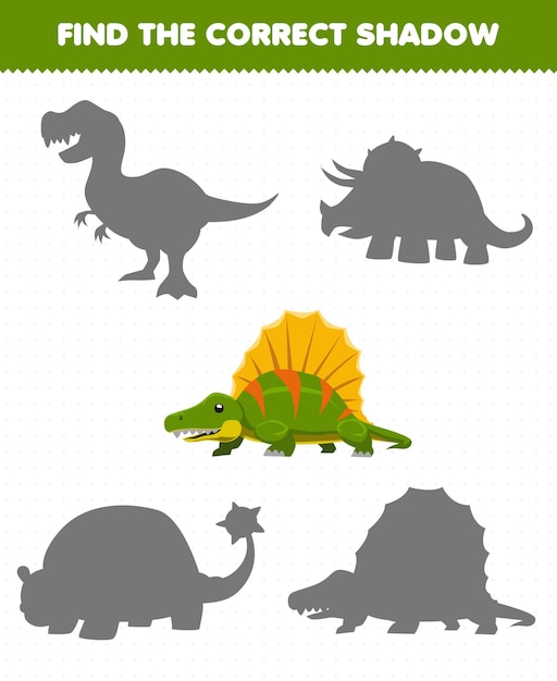 Educatief spel voor kinderen vind de juiste schaduwset van schattige cartoon prehistorische dinosaurus dimetrodon