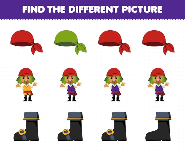 Educatief spel voor kinderen vind de verschillende afbeeldingen in elke rij van een schattige cartoon bandana-man en een afdrukbaar piraten-werkblad