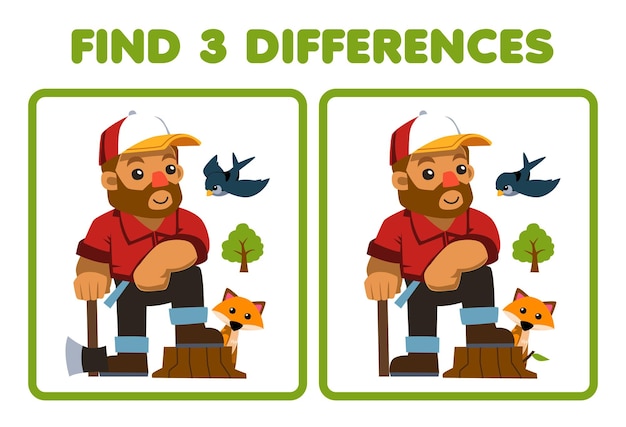 Educatief spel voor kinderen vind drie verschillen tussen twee schattige cartoon houthakker draagt een bijl naast vos en vogel boerderij afdrukbaar werkblad