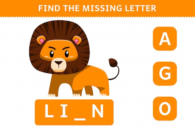 Educatief spel voor kinderen vind ontbrekende letter schattige cartoon leeuw