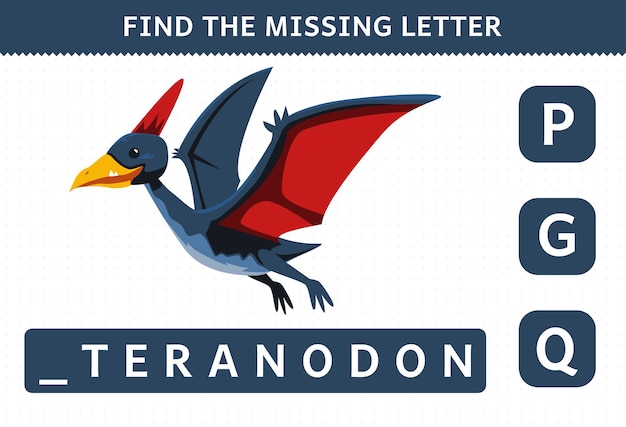 Educatief spel voor kinderen vinden ontbrekende letter cartoon prehistorische dinosaurus pteranodon werkblad