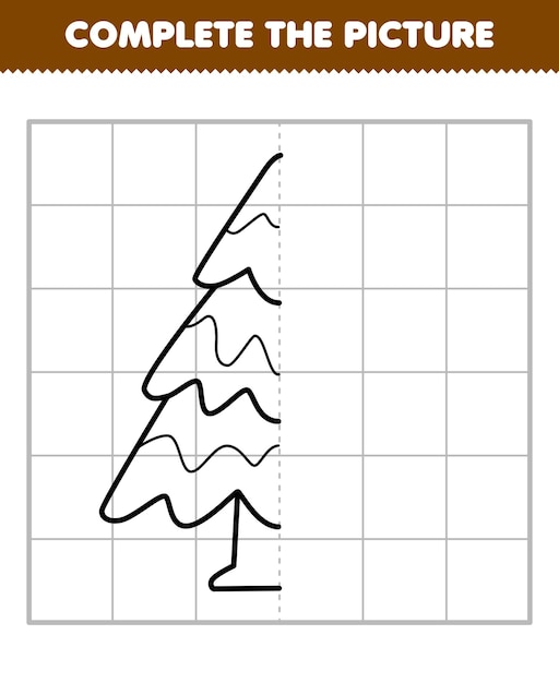 Educatief spel voor kinderen voltooi het beeld van een schattige cartoon dennenboom half omtrek voor het tekenen van een afdrukbaar winterwerkblad
