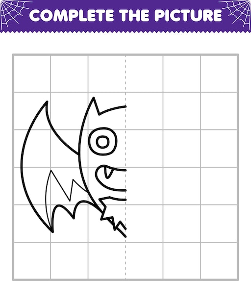 Educatief spel voor kinderen voltooi het beeld van een schattige cartoon halloween vleermuis halve omtrek voor het tekenen van een afdrukbaar werkblad